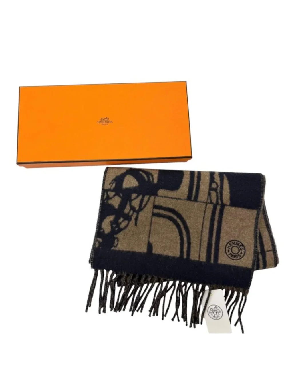 Hermes Brid Gala Cashmere Clou de Selle Embroidery Fringe Scarf Marine Etoupe